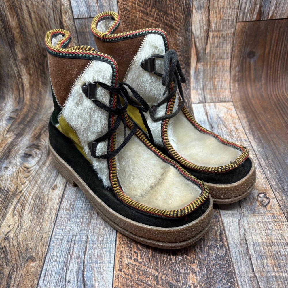 Vintage Italy Patchwork Suede Faux Fur Alpine Ski Boots Brown Size 39 / US 8